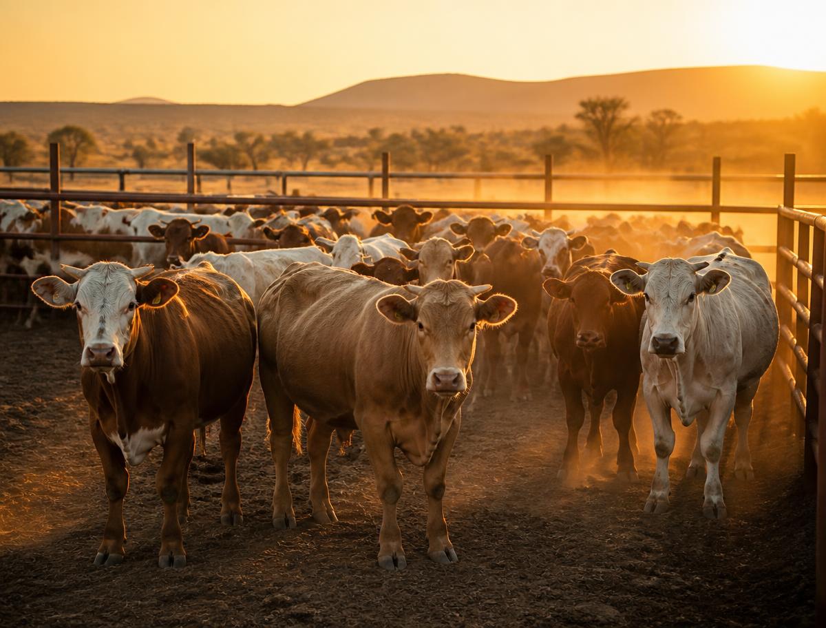 Cattle in the Yamin Farming feedlot kraal at dusk outside Bela Bela