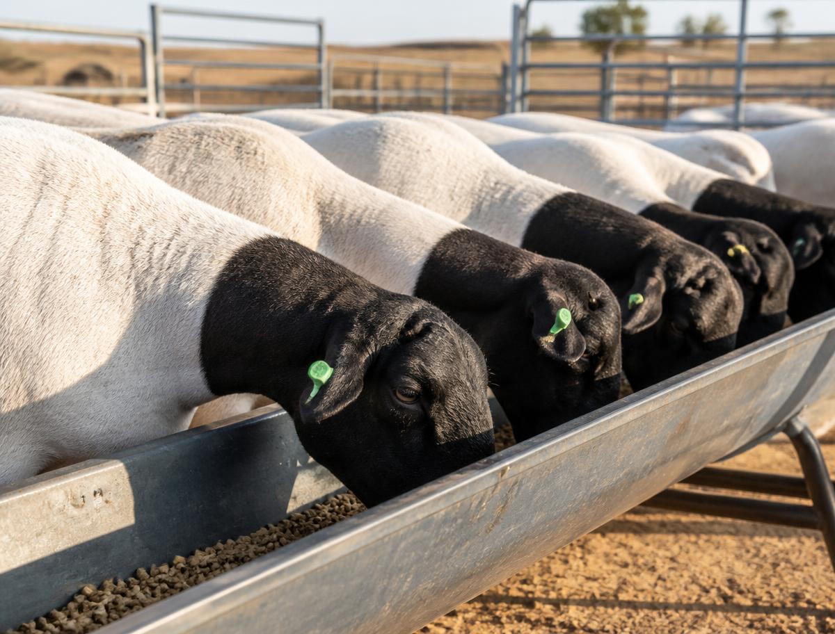 Sheep feeding from a galvanised trough