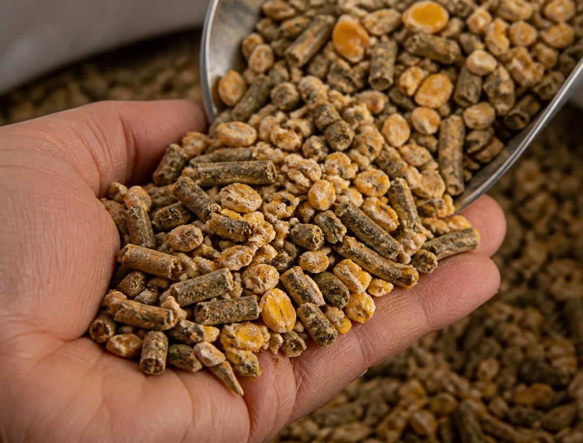 High-energy maize-based ration pellets in a hand